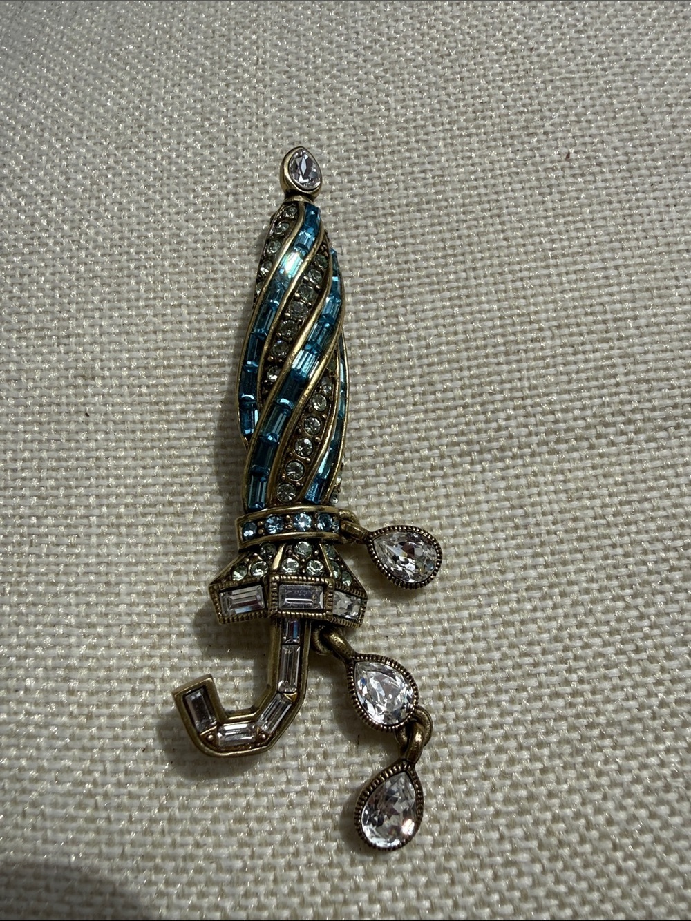 Heidi Daus Teal and Clear Crystal Umbrella Brooch